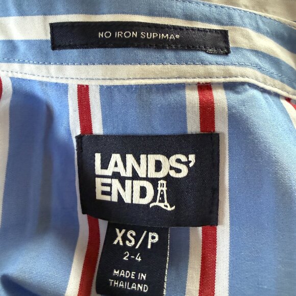 Lands' End red white and blue striped long sleeve collared button down shirt XSP - Picture 7 of 11